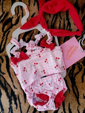 Pet Swim Dog Or Cat Pink Cherry Gingham Two-Piece Swim Set Bikini w Red Bows Xs